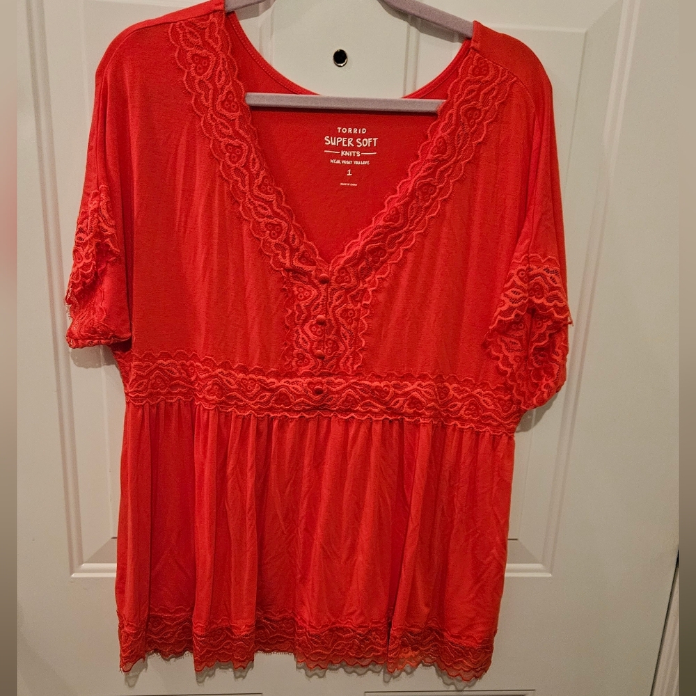 Torrid Coral Ruffled Short Sleeve Blouse